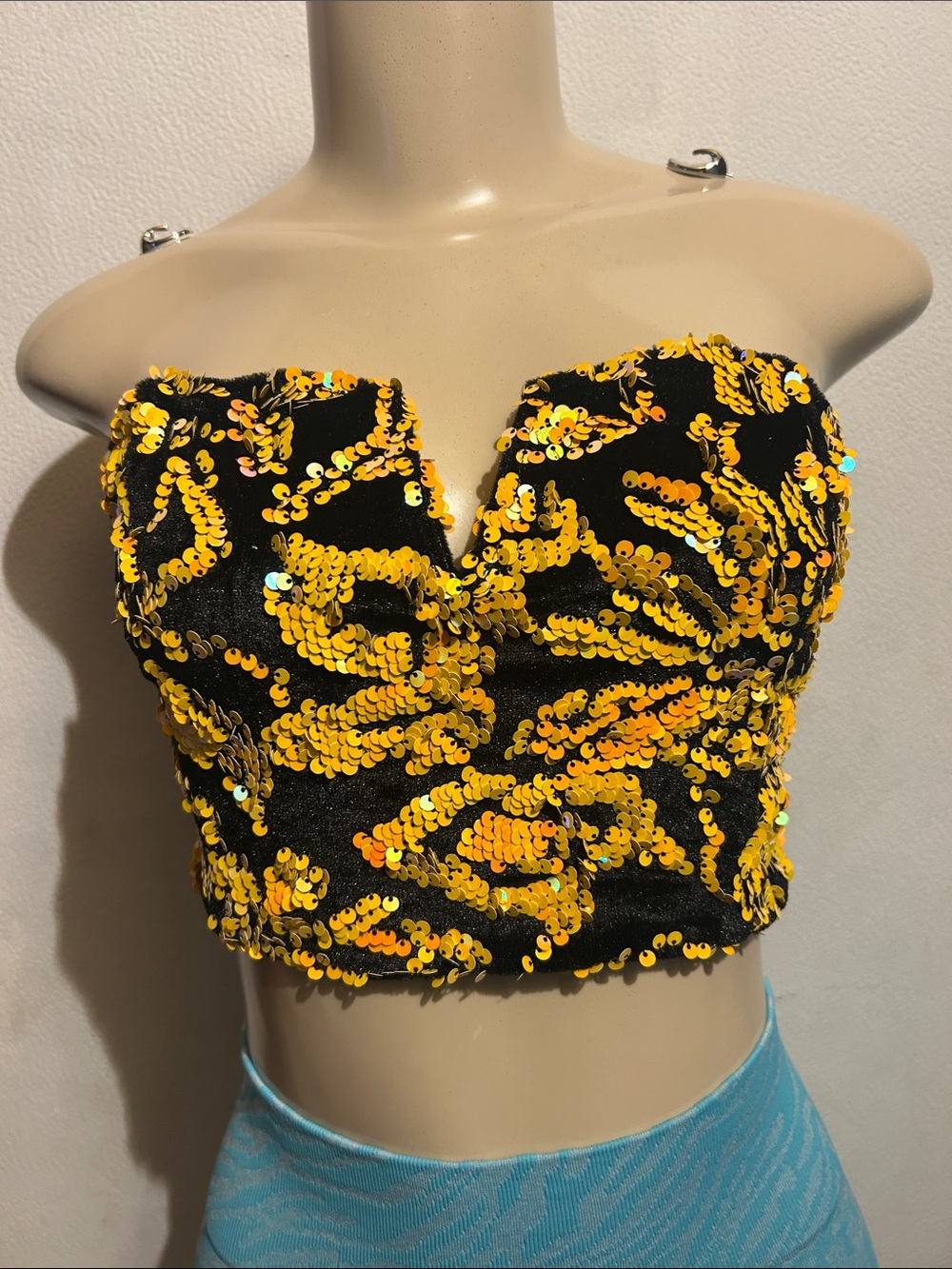 Blue Blush Black Strapless Sequin Crop Top with Gold Sequins